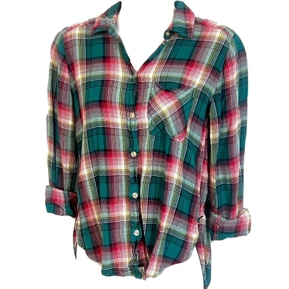 American Eagle boyfriend fit high low plaid button down top red green xs - Picture 1 of 8